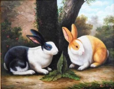 LMOP1195L handmade painted two rabbits under the tree oil painting art on canvas