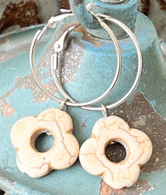 Ivory Clover Flower with Silver Lever Back Hoop Dangle Earring. Boho Chic