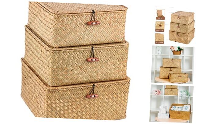 3 Pack Cube Seagrass Storage Bins with Lids, Rattan Woven Decorative Storage