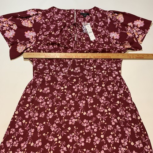 J. Abito donna Crew 12 drappeggi manica svolazzante floreale midi fiori bordeaux nuovo con etichette - Foto 9 di 11