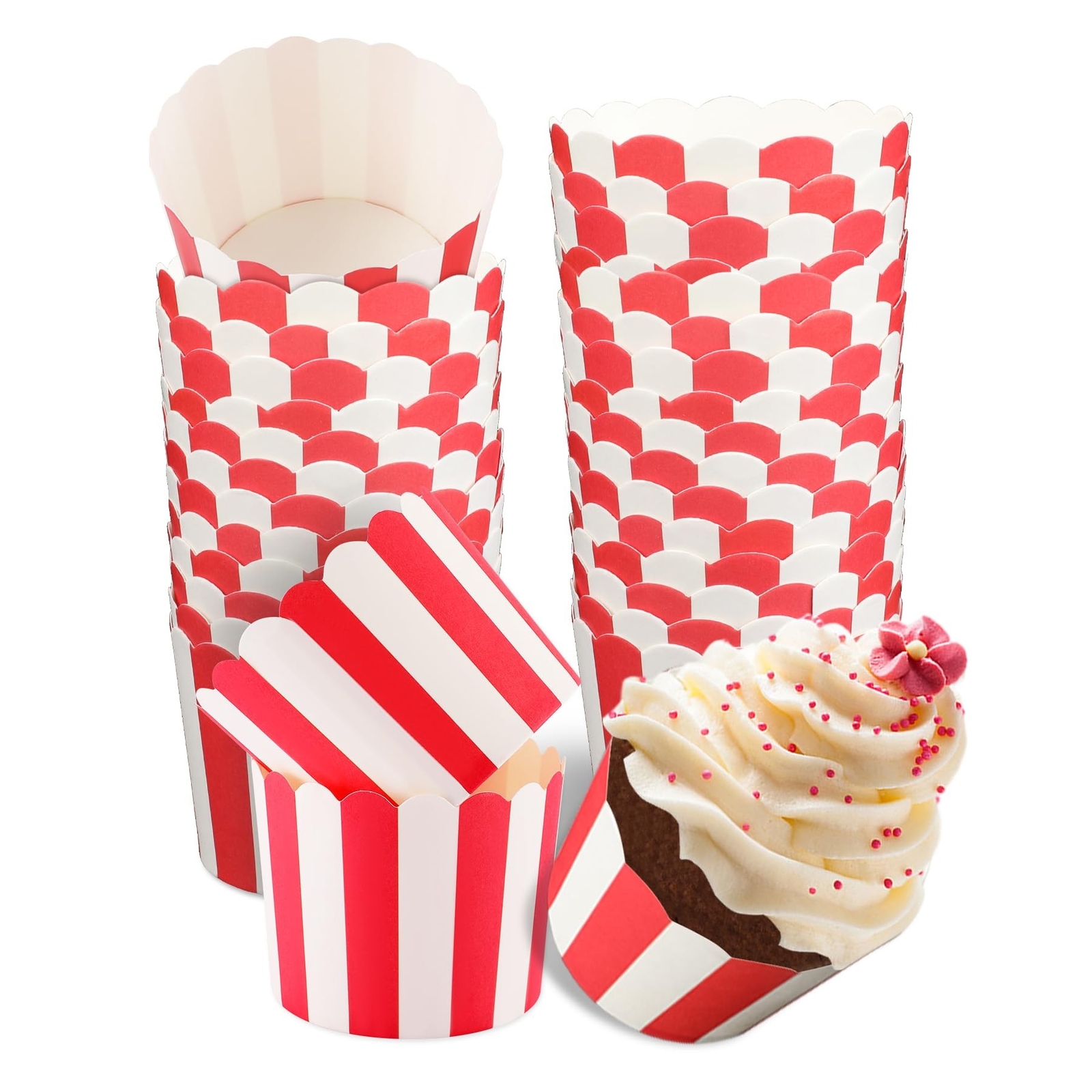 Cupcake Liners, 50PCS Nonstick Red and White Baking Cups Pastry Popcorn Muffi...
