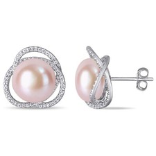 Amour Sterling Silver Cultured FW Pearl Swirl and CZ Halo Stud Earrings