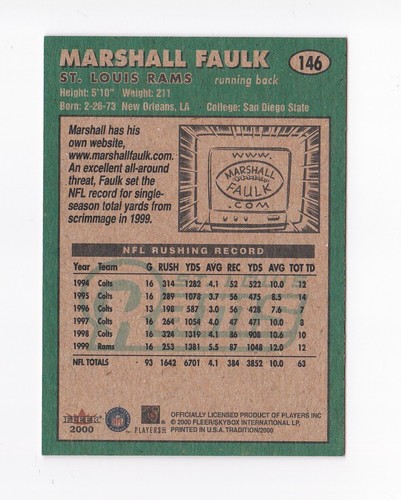 2000 Fleer Tradition #146 Marshall Faulk St. Louis Rams San Diego State Aztecs - Picture 2 of 2