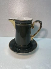 Antique SPM Wakure Bistroware Dark Green and Gold Pitcher w/ plate syrup cream