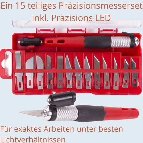 Präzisionsmesser Hobbymesser Modellbau Bastel Schnitz Messer 15tlg + Beleuchtung