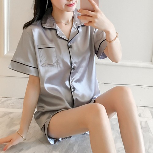 Women Satin Silk Pyjamas PJs Set Ladies Short Sleeve Button Nightwear Sleepwear - Picture 7 of 27