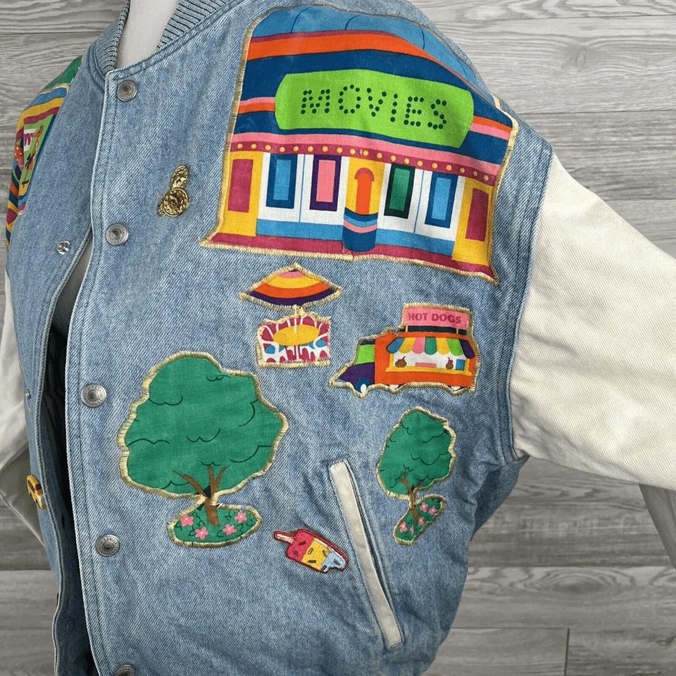 VINTAGE Rare Quaker Factory Denim Bomber Jacket Size L Patchwork Embroider 60's - Image 3 of 4