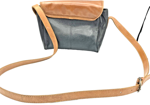UNISA CROSSBODY SHOULDER BAG BLACK PEBBLE AND BROWN TRIM LEATHER ZIPPED - Picture 12 of 12