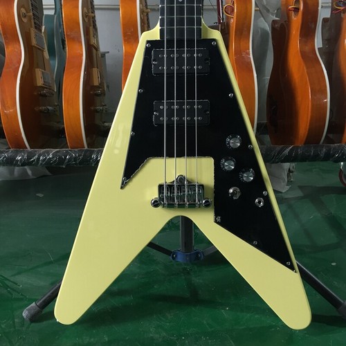 4-strunowa kremowa latająca V elektryczna gitara basowa czarna podstrunnica otwarte przetworniki HH - Zdjęcie 3 z 7