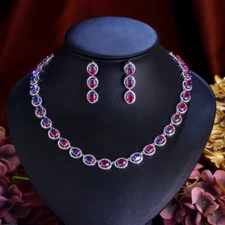 Mystical Rainbow CZ Oval Drop Necklace Earrings Set for Bridal Banquet Jewelry