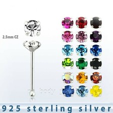 1PC. 22G 2.5mm C.Z. Prong Set Nose Bone .925 Sterling Silver Nose Stud Ring