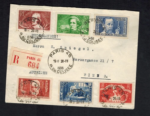 1936 paris  France Cover to Austria # B54-B59 Complete Set Intellectuals