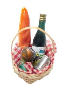 Vintage Dollhouse Miniature Picnic Wicker Basket w/ Wine & Bread Accessory