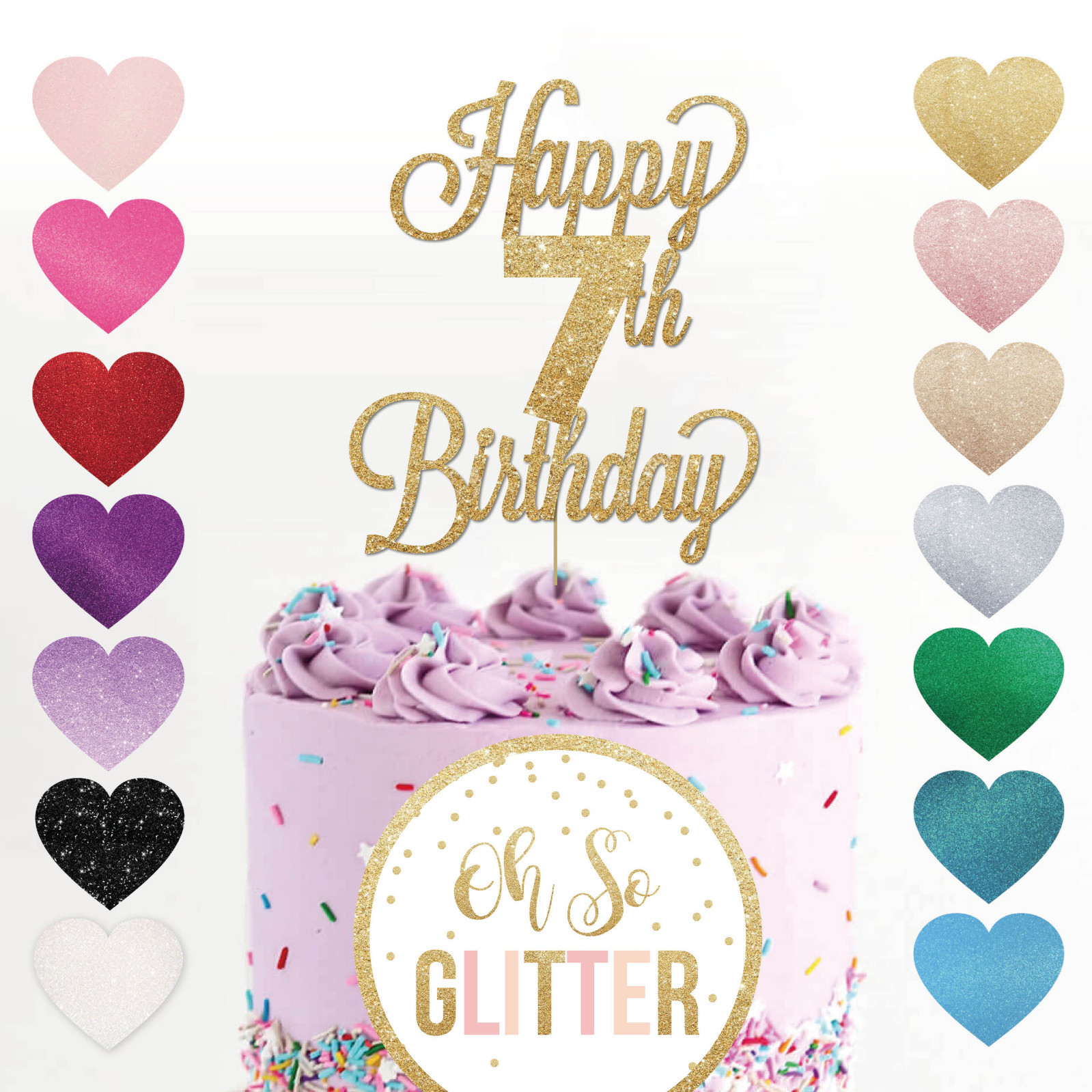 Happy 7th Birthday Cake Topper Seven 7 glitter any age Cake Custom