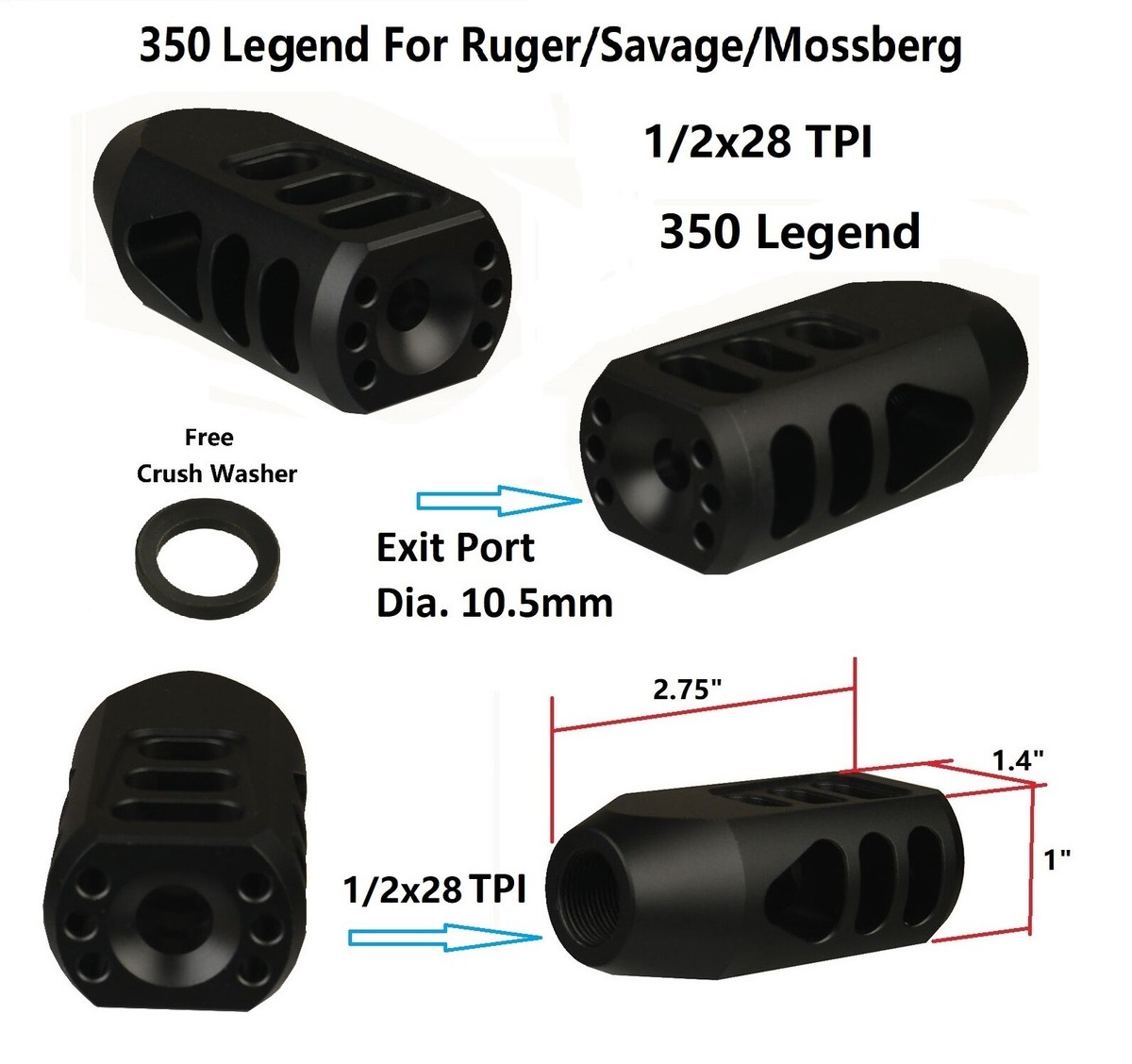 Low Concussion Muzzle Brake – 2.75” Tanker Style, 1/2x28 TPI Thread For 9mm