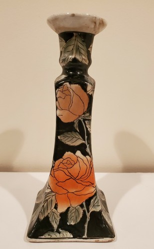 9" SCHÖNER KERAMIK STUMPENKERZENHALTER ASIATISCH SCHWARZ MIT ROSA ROSEN  - Bild 1 von 9