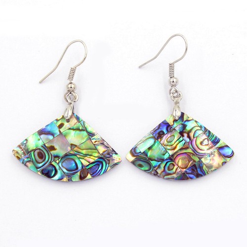New Natural Abalone Shell Fan Shaped Mystic Color Silver Earrings for Women - Picture 3 of 6