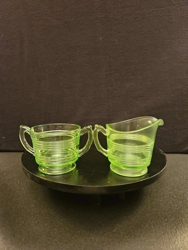 Vintage Uranium Green Glass Creamer and Sugar Bowl Set