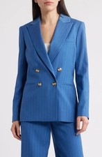 Tahari ASL Pinstripe Double-Breasted Jacket Women's 16US Blue Button Closure