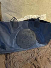 Tory Burch Navy Blue Ella Tote 17  by 10  Snaps on sides