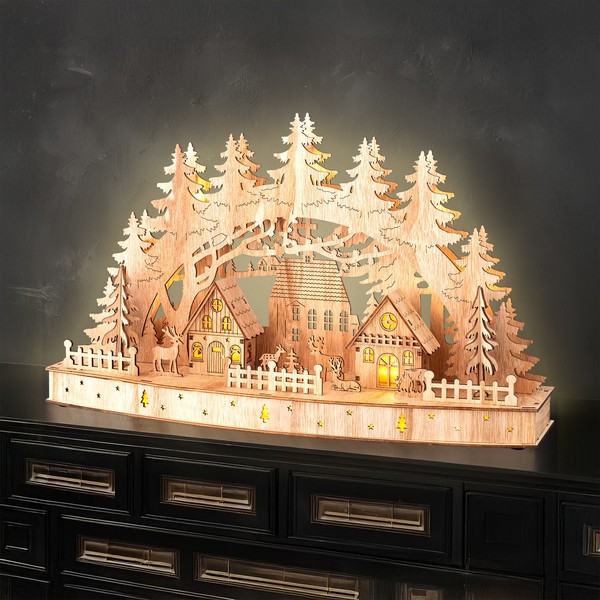 Led Holz Lichter Bogen Weihnachts Dorf - 44 Cm - Advent Deko Aufsteller Timer-image