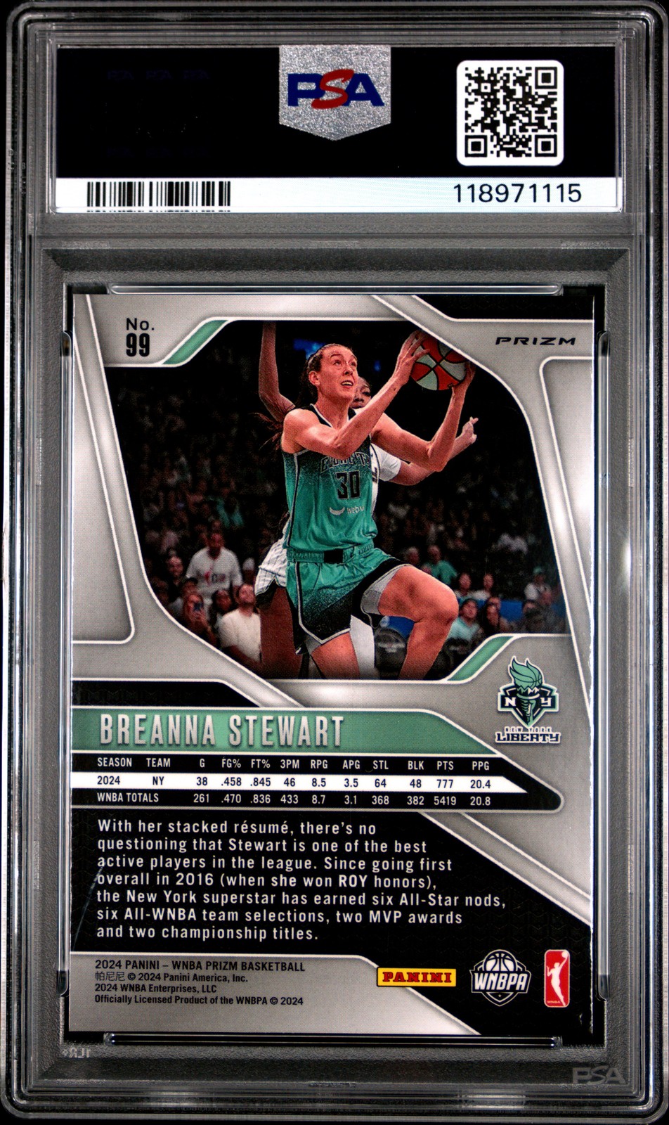 2024 PANINI PRIZM WNBA GREEN PRIZM #99 BREANNA STEWART PSA 9 view 2