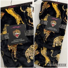 Ed Hardy Oversized Throw Blanket Tiger Tattoo Print Plush Fleece Black 60x70 New