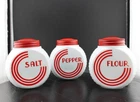 Vintage Anchor Hocking Art Deco RED CIRCLES  - Salt & Pepper, Flour Shakers