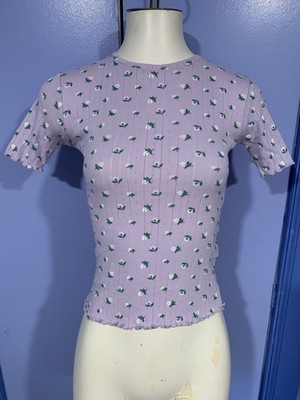 Ckh Clockhouse Purple Floral Pointelle Top, Size XS, Ruffle Edge, Never Worn