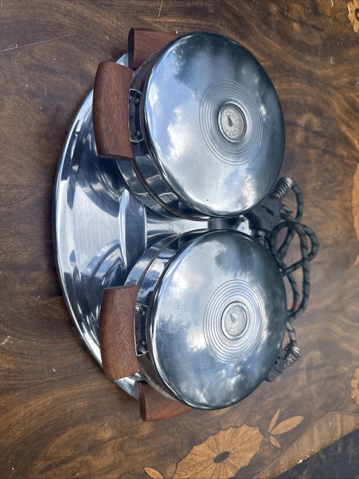 MCM Heatmaster Electric Double Waffle Iron Wood/Chrome Tested And Working