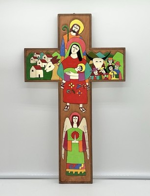 Fernando Llort Design Original Painted Enamel Wooden Wall Religious Cross 11x19 