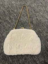 Vintage Ivory cream Beaded Evening Bag with Gold Handle, bridal 7.5" x 5.5"