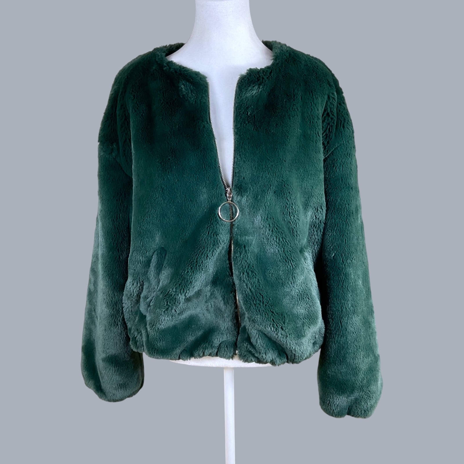 Retro Faux Fur Coat Zip Deep Green Sebby (L)