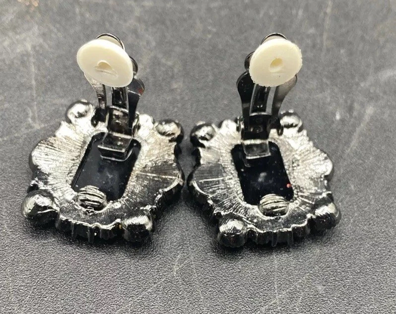 CLIP ON Earrings Vintage Onyx Color Pewter With Crystal Rhinestones Non Pierced - Image 3 of 4