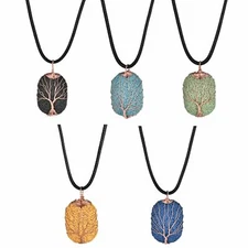 Men Women Tree of Life Lava Stone Dog Tag Pendant Leather Chain Necklace Punk