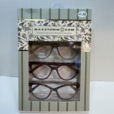 NIB +1.50 Box Set 3 Pairs Max Studio Reading Glasses Readers