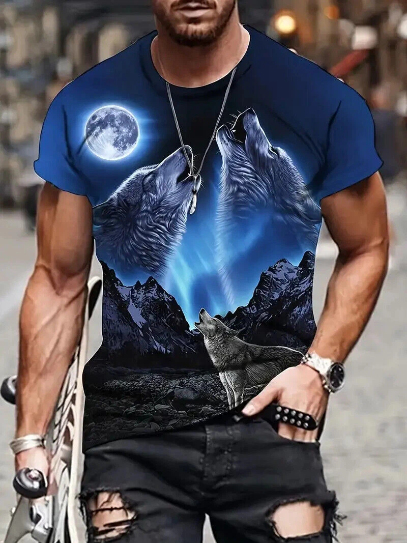 T Shirt Blue Moon Wolf Graphic Print Fashion Novelty Men Tee Short Sleeve Casual