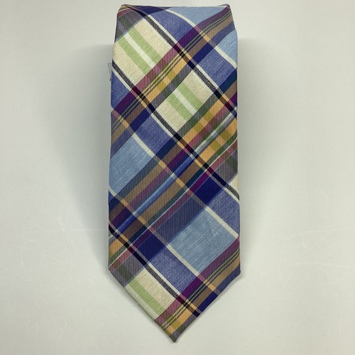 Charles Tyrwhitt Silk Linen Necktie Blue Green Purple Ivory Woven Plaid ~ 3.25" - Picture 5 of 9