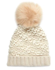 Kyi Kyi women's Knitted Faux Fur Pom Pom Beanie Knit Hat - Pistachio Beige