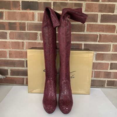 Thalia Sodi Clarissaf Wine Snakeskin Over The Knee Boots Stiletto Platform Boots