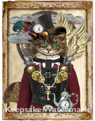 Cheshire Cat Steampunk Collage Art Repro Cotton Crazy Quilt Block