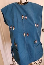 Small Blue Embroidered Frock, Smock, Apron,Grandwear, Pockets, Button Up Back