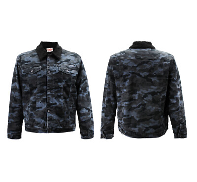 Men's Stretch Denim Sherpa Fleece Lined Black Camo Pattern Trucker