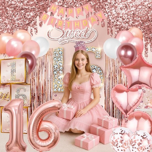 Sweet 16 Party Decorations Pink Rose Gold Sixteen Birthday Party Supplies wit... - 第 2/6 張圖片
