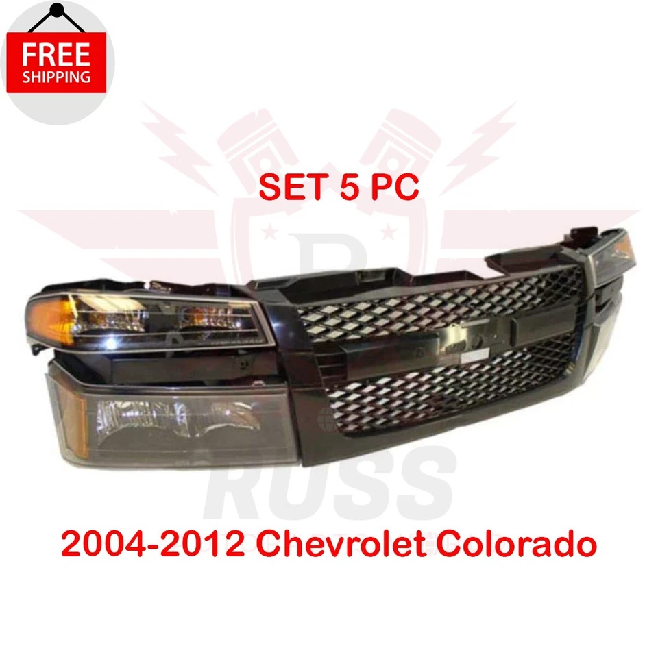 New Front Grille Headlights Parking Lights Kit 5PC Fits 2004-2012 Chevy Colorado - Image 3 of 4