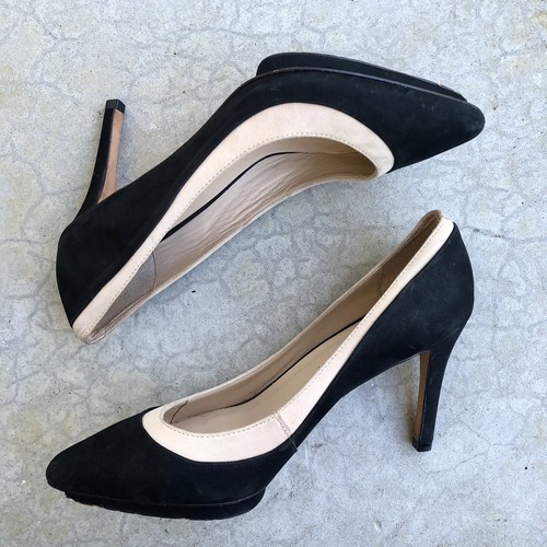 Loeffler Randall Aline black beige Demi platfrom pumps heels nubuck suede 6.5 - Picture 2 of 7