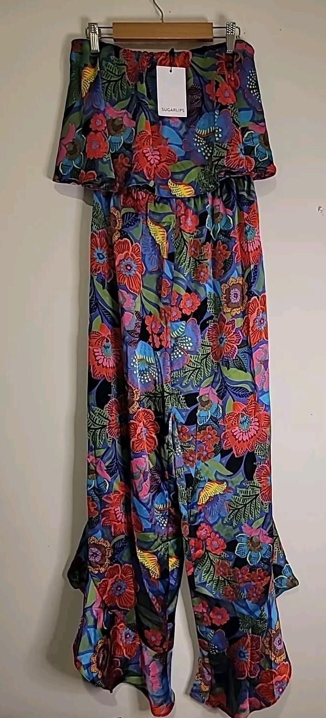 SUGARLIPS Womens Bandeau Strapless Floral Satin Jumpsuit with Ruffle Detail Wide Leg Small-image
