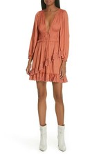 ULLA JOHNSON Rust Satin Eyelet Embroidered Ruffle V-Neck Cocktail Mini Dress 10