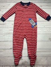 CARTERS 2T sleepwear footed pajamas zip up boys Red striped Rocket ship