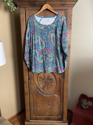 T by Talbots Women s Size 2X Teal Paisley Long Raglan Sleeve Pullover Top